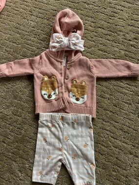 Girls' Pink Hooded Knit Cardigan & Peach Print Leggings Set